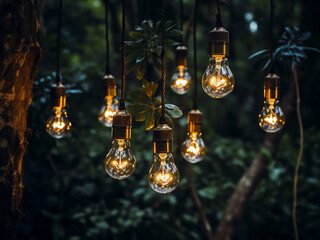 Antique Edison-style filament bulbs adorning the forest ambiance - obrazy, fototapety, plakaty