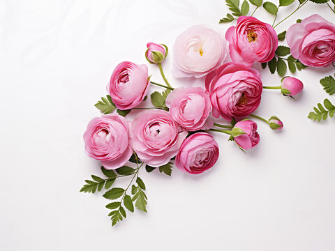Floral arrangement in a corner with pink English roses and ranunculus on a white table