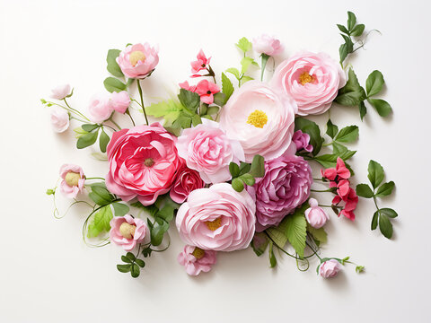 Corner floral composition featuring pink English roses and ranunculus on a white table