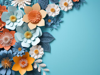 Festive background adorned with different paper flowers on a blue surface