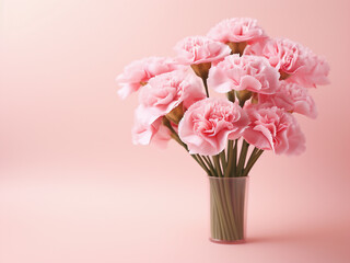 Mother's Day design concept with carnation bouquet on pastel pink table background