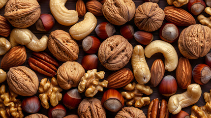 Different nuts on whole background, top view - obrazy, fototapety, plakaty