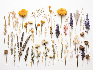 Top-down view presenting dried flowers arranged on a white surface