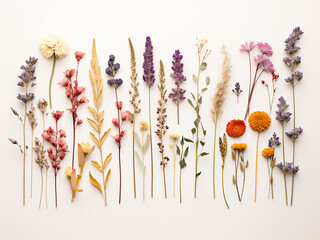 Dried flowers elegantly displayed in a flat lay arrangement on white - obrazy, fototapety, plakaty