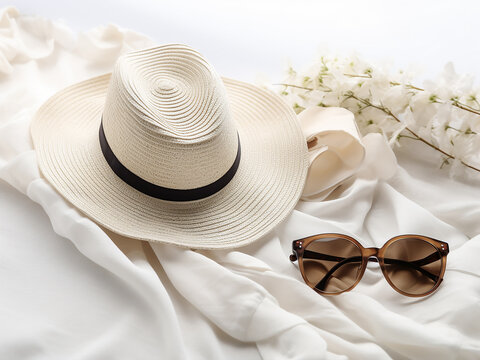 Women's dress accessories including jeans, hats, sunglasses, and shoes on white