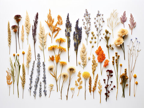 Dried flowers artistically arranged in a flat lay composition on a white backdrop