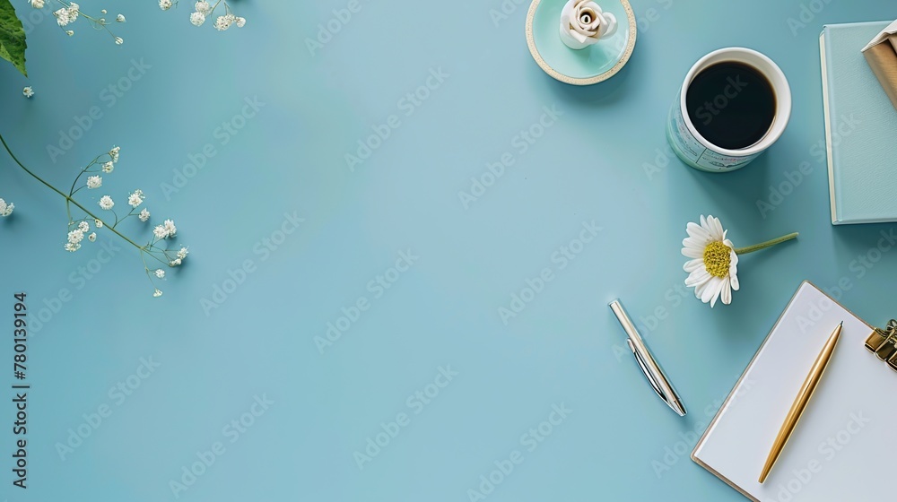 Poster top view workspace with stationary and coffee on light blue background. flat lay and copy space.