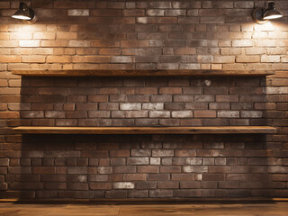 Product display option empty wooden shelves against a brick wall backdrop