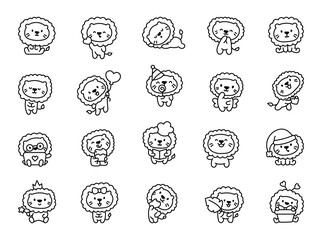 Cute kawaii lion with happy face. Coloring Page. Animal cartoon characters. Hand drawn style. Vector drawing. Collection of design elements. - obrazy, fototapety, plakaty