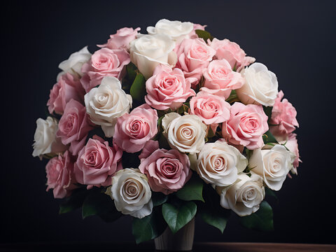 Romantic ambiance enhanced by a vintage filter envelops pink and white roses on a dark backdrop