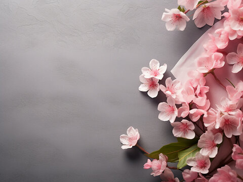 Gray table adorned with pink flowers sits beside a stack of empty paper