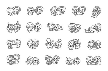 Funny couple of lion cartoon characters. Coloring Page. Cute kawaii animal friends. Hand style. Vector drawing. Collection of design elements.