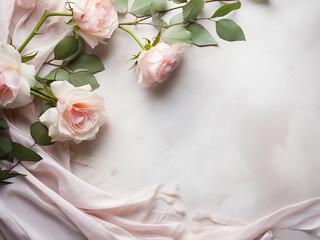 Silk ribbons, eucalyptus leaves, and blush pink roses adorn a concrete table