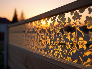 Fence adorned with floral pattern and stars at sunset showcases Turkish and oriental themes - obrazy, fototapety, plakaty