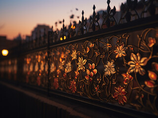 Oriental and Turkish patterns decorate fence with floral pattern and stars at sunset - obrazy, fototapety, plakaty