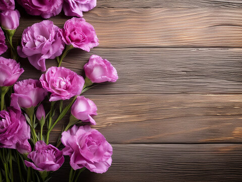 Free space for text complements eustoma flowers against an old wooden backdrop