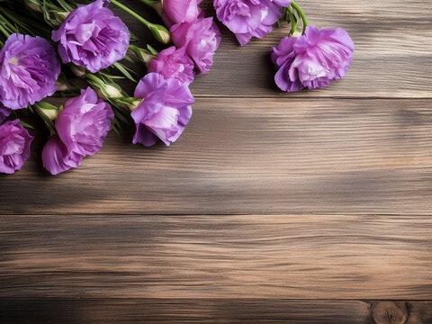Old wooden background serves as a backdrop for eustoma flowers and text space