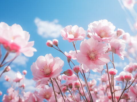 Pink fantasy flowers set against a backdrop of blue sky
