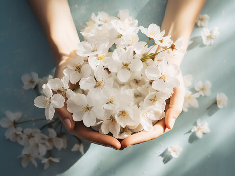 White blossoms in female hand symbolize beauty and youth