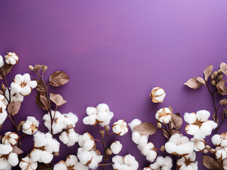 Cotton flowers arranged in a flat lay on violet background offer space for text