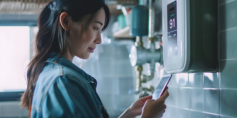 A woman checks the temperature of her water heater using her phone, ensuring optimal settings, Remote Monitoring and Adjustment with Smart Technology