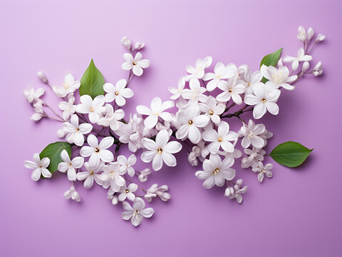 Flat lay presentation displays jasmine flowers against backdrop of lilac hue