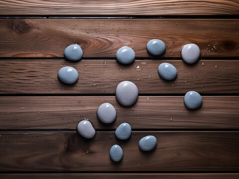 Shower cap and spa stones arranged in a flat lay on wooden background with text space