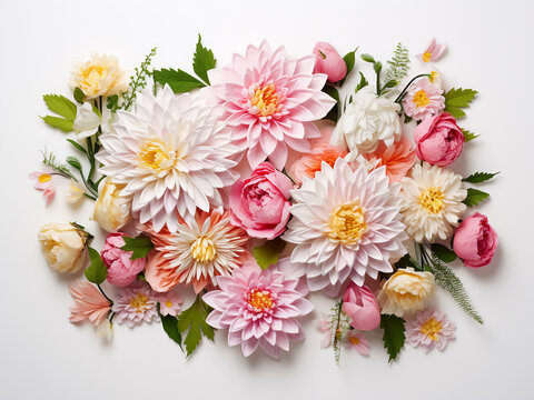 On a white background, a flat lay showcases fresh flowers