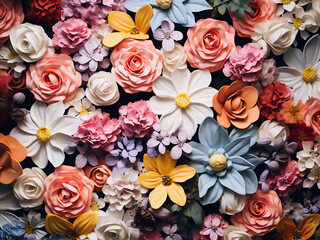 Artificial flowers in a variety of colors create a vibrant floral background in the image