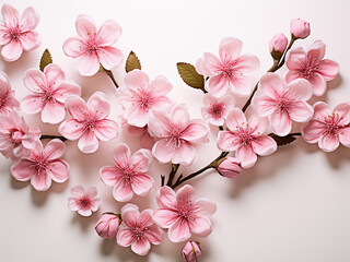 The image depicts a springtime floral background with pink flowers in a flat lay arrangement