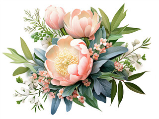 A top-down view showcases a floral bouquet of pink peonies, hypericum, and eucalyptus - obrazy, fototapety, plakaty