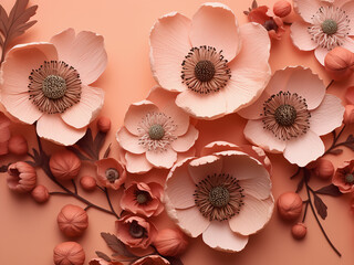 Peach salmon hues host a delicate display of hellebore blooms - obrazy, fototapety, plakaty