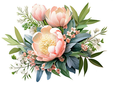 A top-down view showcases a floral bouquet of pink peonies, hypericum, and eucalyptus