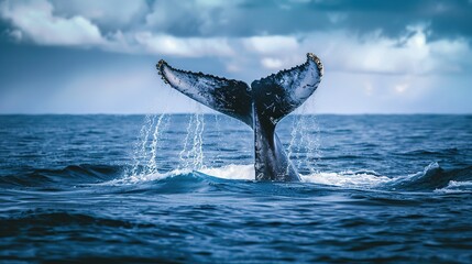 The tail of the humpback whale. humpback whale breaching on pacific ocean background.