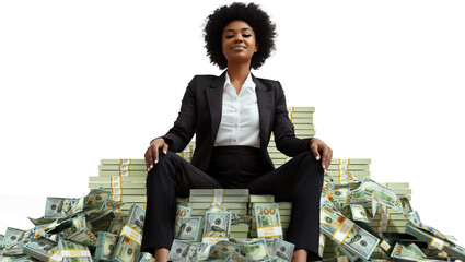 Rich Black business woman boss wearing black suit sitting on pile of Us dollar bills with more stacks of money around her against transparent background, throne made of cash, feminine, female power
