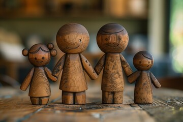 Set of charming wooden figures representing a family, captured with warm ambient lighting