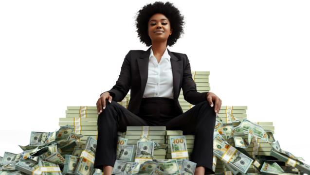 Rich Black business woman boss wearing black suit sitting on pile of Us dollar bills with more stacks of money around her against transparent background, throne made of cash, feminine, female power