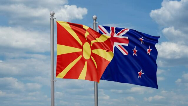 New Zealand and Macedonia two flags waving together, looped video, two country cooperation concept