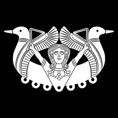 Ancient Near Eastern goddess Astarte with two doves and sistrums. Black and white silhouette.