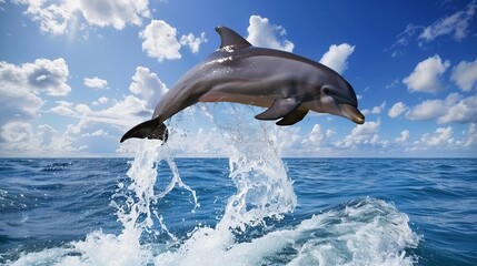 Dolphins jump out of the water in the wide sea when the weather is sunny and cloudy.