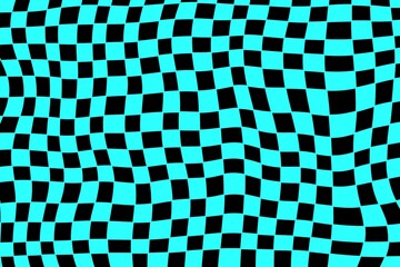 Psychedelic acid background. Surreal modern geometric shapes, abstract print, and checkered pattern. Groovy background in the trendy style of Y2K, the 90s. Wavy checkerboard. Blue and black colors
