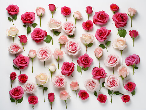 Pink and red roses, combined with green leaves, form a floral pattern on a white background