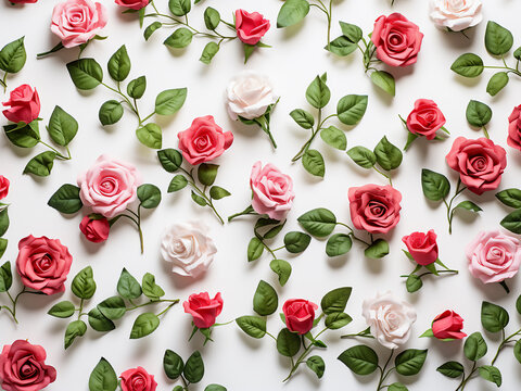 Valentine's background with a flourish of pink and red roses on white
