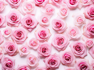Pink roses buds and petals create a textured floral pattern on a white background