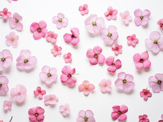 Pink spring flowers create a textured floral pattern in a flat lay top view on a white background