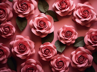 Roses and leaves create a floral pattern set against a pink backdrop