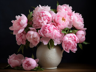 Floristic elements blend in a bouquet of light pink peonies on a dark surface