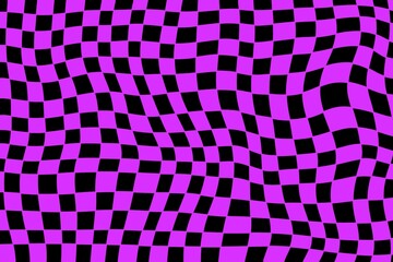 Psychedelic acid background. Surreal modern geometric shapes, abstract print, and checkered pattern. Groovy background in the trendy style of Y2K, the 90s. Wavy checkerboard. Purple and black colors