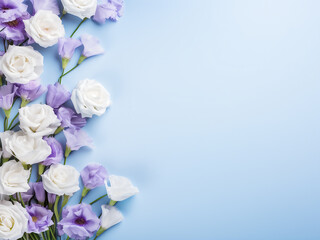 Pastel blue-toned eustoma flowers form a border in a summer-themed setup