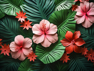 Tropical leaves and hibiscus flowers form a stunning floral background